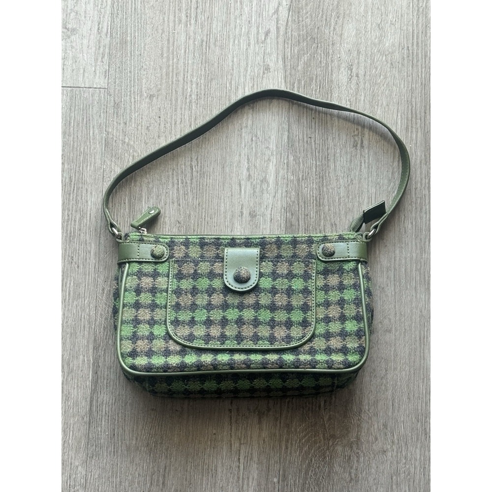 LOFT Ann Taylor Green Tweed Shoulder Bag Houndstooth Plaid Purse Handbag